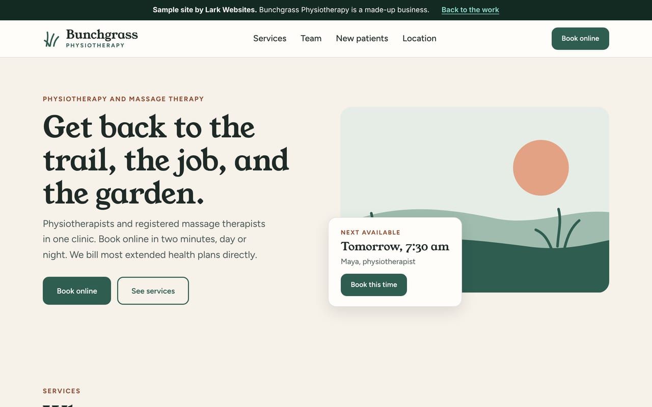 The homepage of Bunchgrass Physiotherapy, a made-up clinic, with a Book online button and the next available time