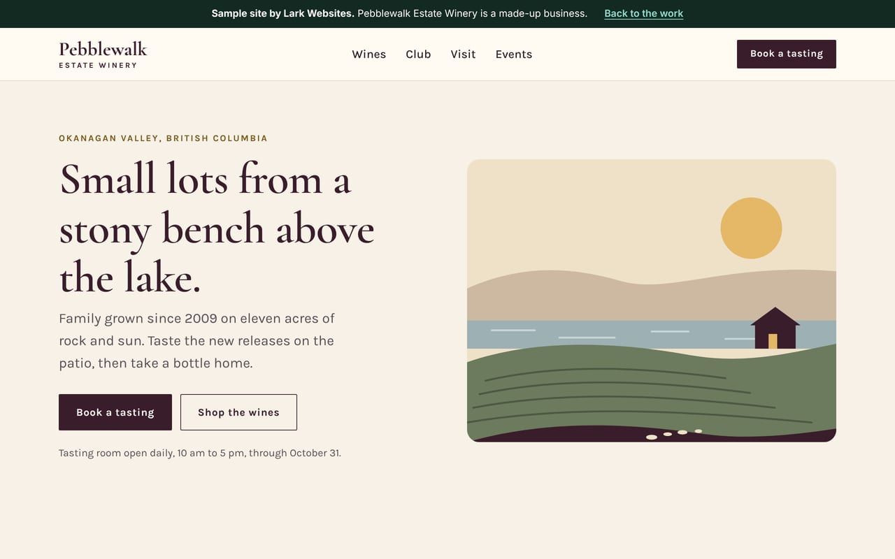 The homepage of Pebblewalk Estate Winery, a made-up winery, with vineyard rows above a lake